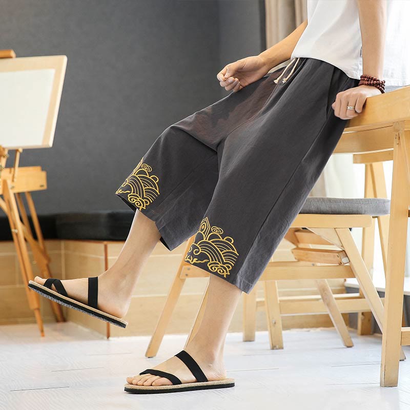 Buddha Stones Spring Casual Embroidery Drawstring Men's 7-8 Length Cotton Linen Harem Pants With Pockets - image 18