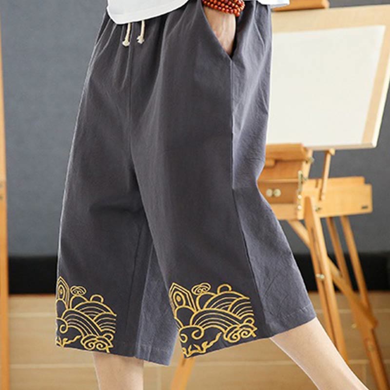 Buddha Stones Spring Casual Embroidery Drawstring Men's 7-8 Length Cotton Linen Harem Pants With Pockets - image 9