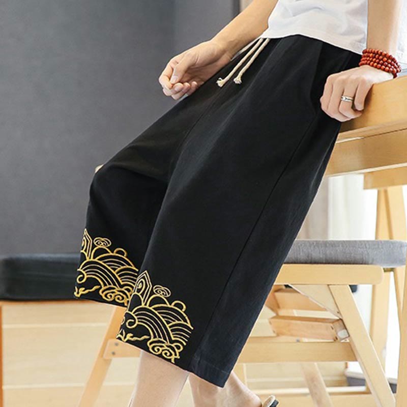 Buddha Stones Spring Casual Embroidery Drawstring Men's 7-8 Length Cotton Linen Harem Pants With Pockets - image 6