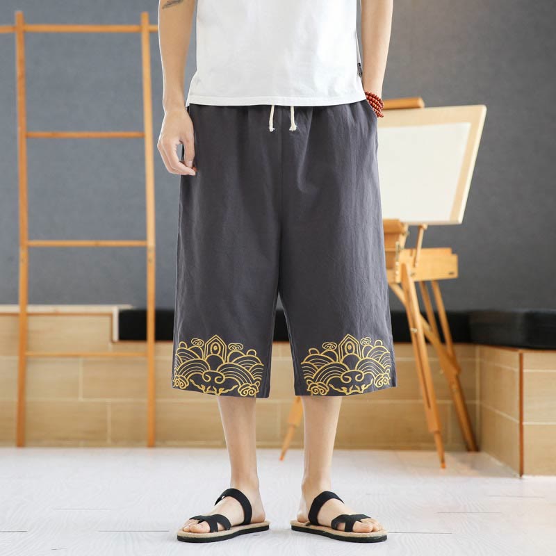 Buddha Stones Spring Casual Embroidery Drawstring Men's 7-8 Length Cotton Linen Harem Pants With Pockets - image 13