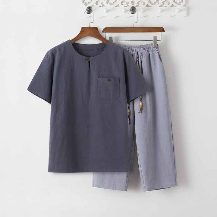 Buddha Stones Summer 2Pcs Plain Short Sleeve T-Shirt 7-8 Length Pants Cotton Linen Tang Suit Men's Meditation Cloth Set With Pockets - SlateGray T-Shirt & LightSteelBlue Pants - US/UK/AU46，EU56 (5XL) - image 11
