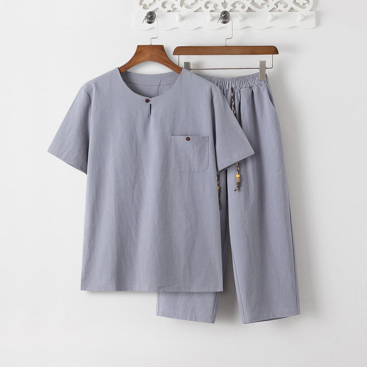 Buddha Stones Summer 2Pcs Plain Short Sleeve T-Shirt 7-8 Length Pants Cotton Linen Tang Suit Men's Meditation Cloth Set With Pockets - LightSteelBlue T-Shirt & LightSteelBlue Pants - US/UK/AU46，EU56 (5XL) - image 10
