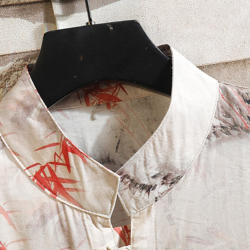 Buddha Stones Summer Bamboo Butterfly Pattern Short Sleeve Frog-button Design Men's Shirt Jacket - image 3