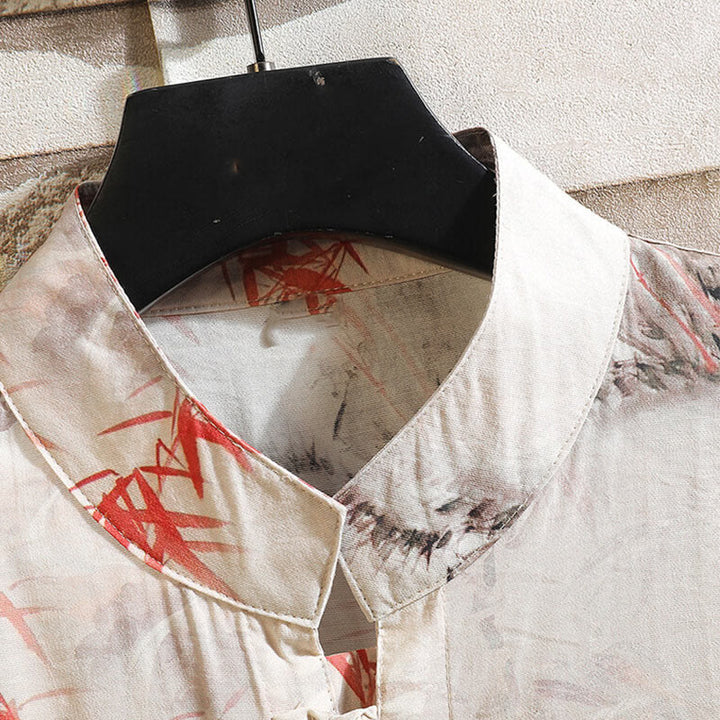 Buddha Stones Summer Bamboo Butterfly Pattern Short Sleeve Frog-button Design Men's Shirt Jacket - image 3