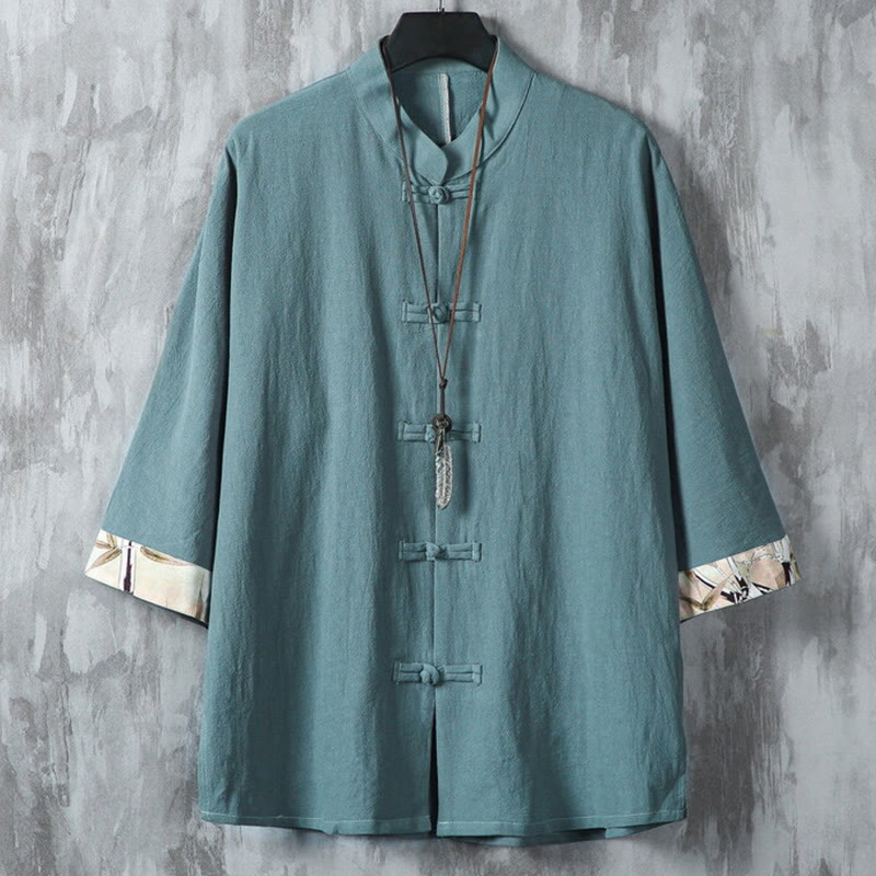 Buddha Stones Summer Frog-button Patchwork Half Sleeve Design Cotton Linen Men's Shirt Jacket - DarkCyan - US/UK/AU46，EU56 (5XL) - image 11