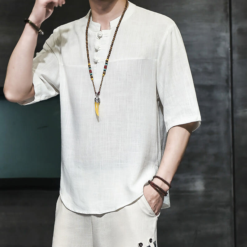 Buddha Stones Casual Vintage  Chinese Frog-Button Men's Half Sleeve Cotton Linen T-Shirt - image 8