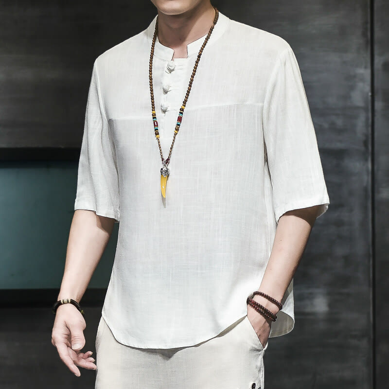 Buddha Stones Casual Vintage  Chinese Frog-Button Men's Half Sleeve Cotton Linen T-Shirt - White - US/UK/AU46，EU56 (5XL) - image 7