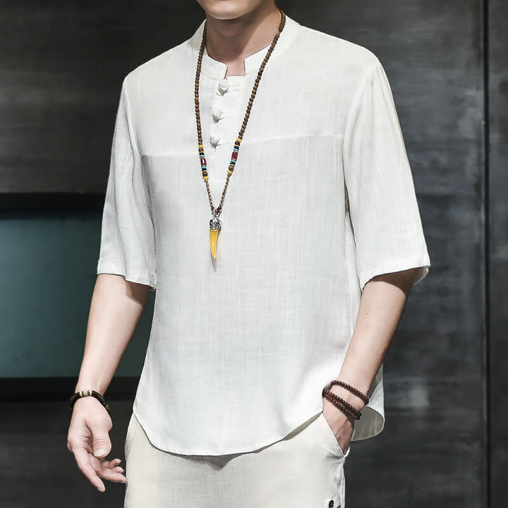 Buddha Stones Casual Vintage  Chinese Frog-Button Men's Half Sleeve Cotton Linen T-Shirt - White - US/UK/AU46，EU56 (5XL) - image 7