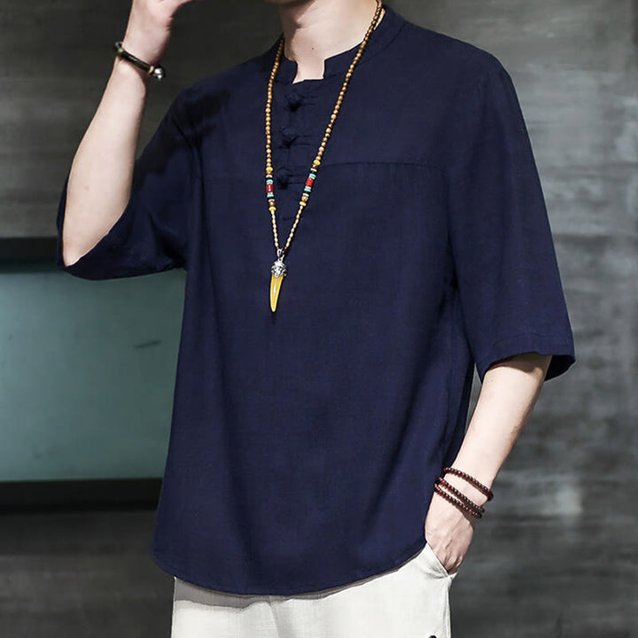 Buddha Stones Casual Vintage  Chinese Frog-Button Men's Half Sleeve Cotton Linen T-Shirt - image 21