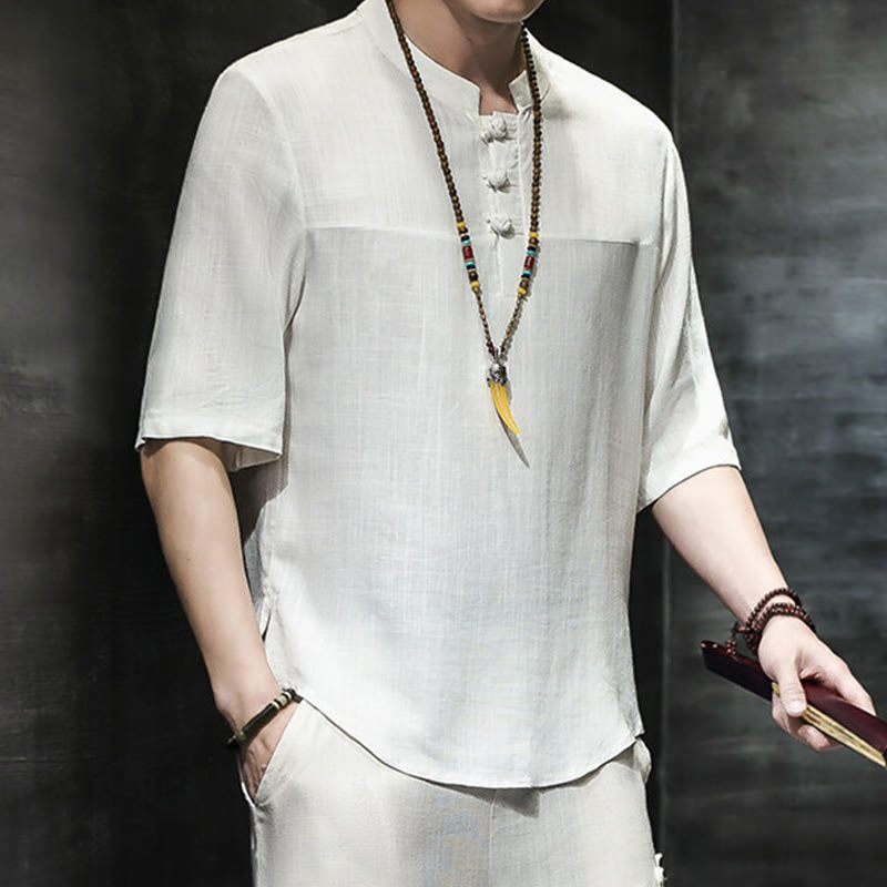 Buddha Stones Casual Vintage  Chinese Frog-Button Men's Half Sleeve Cotton Linen T-Shirt - image 12