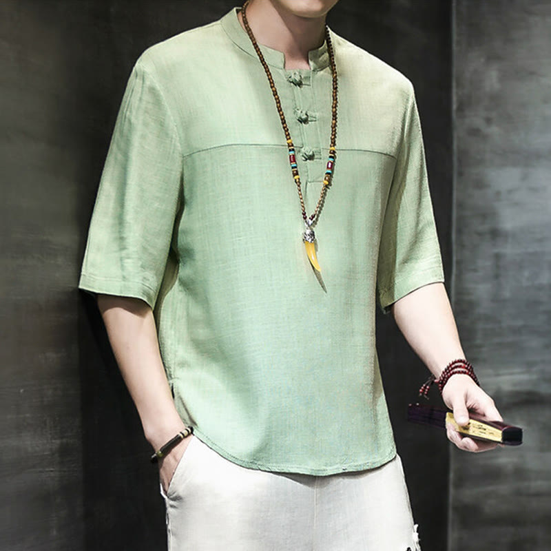 Buddha Stones Casual Vintage  Chinese Frog-Button Men's Half Sleeve Cotton Linen T-Shirt - image 17