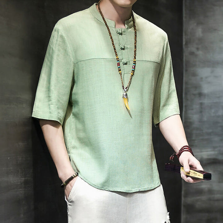 Buddha Stones Casual Vintage  Chinese Frog-Button Men's Half Sleeve Cotton Linen T-Shirt - image 17