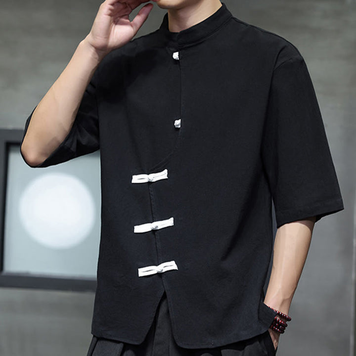 Buddha Stones Plain Chinese Frog-Button Stand Collar Cotton Linen Men's Half Sleeve Shirt - image 2
