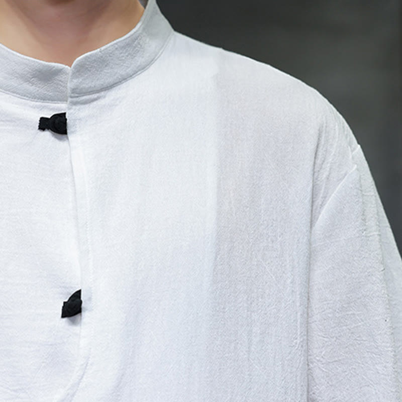 Buddha Stones Plain Chinese Frog-Button Stand Collar Cotton Linen Men's Half Sleeve Shirt - image 10
