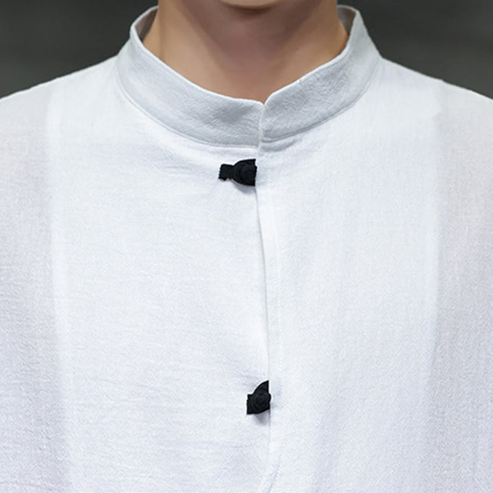 Buddha Stones Plain Chinese Frog-Button Stand Collar Cotton Linen Men's Half Sleeve Shirt - image 11