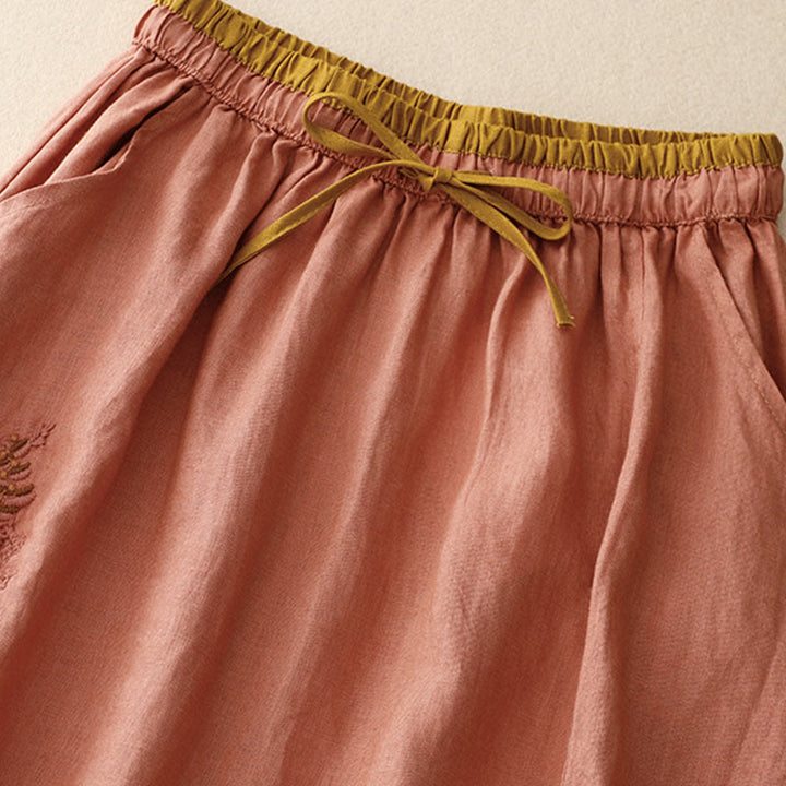 Buddha Stones Vintage Solid Embroidery Drawstring Women's Skirt With Pockets - image 19