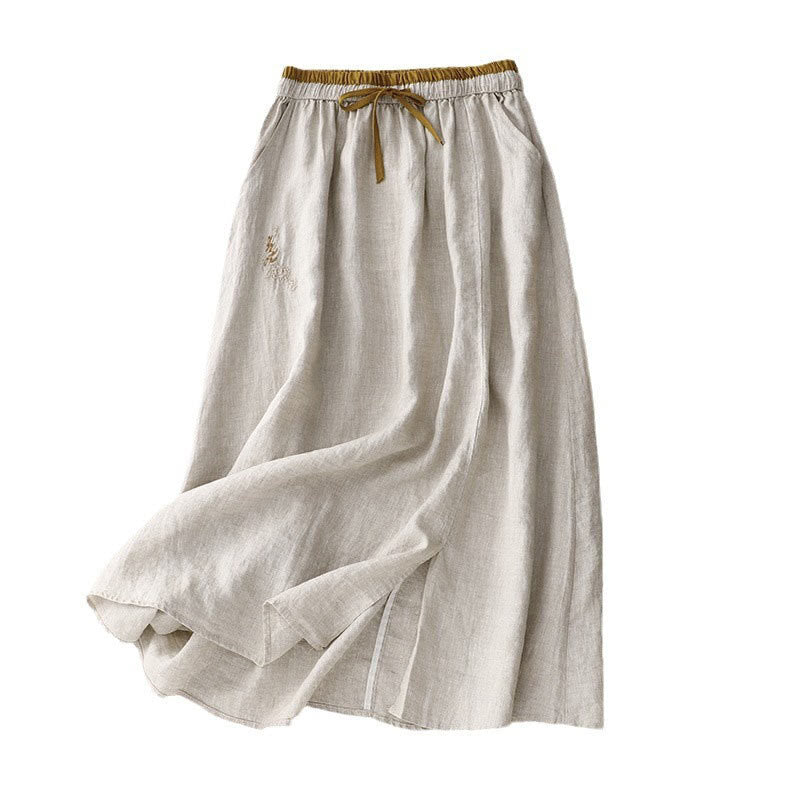 Buddha Stones Vintage Solid Embroidery Drawstring Women's Skirt With Pockets - image 13