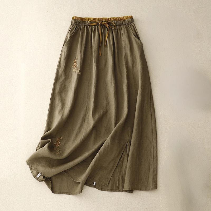Buddha Stones Vintage Solid Embroidery Drawstring Women's Skirt With Pockets - Olive - US8-10，UK/AU12-14，EU40-42 (2XL) - image 0