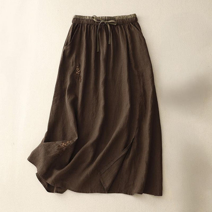 Buddha Stones Vintage Solid Embroidery Drawstring Women's Skirt With Pockets - SaddleBrown - US8-10，UK/AU12-14，EU40-42 (2XL) - image 14