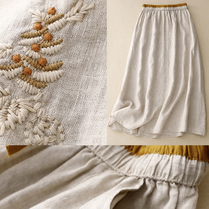 Buddha Stones Vintage Solid Embroidery Drawstring Women's Skirt With Pockets - image 12