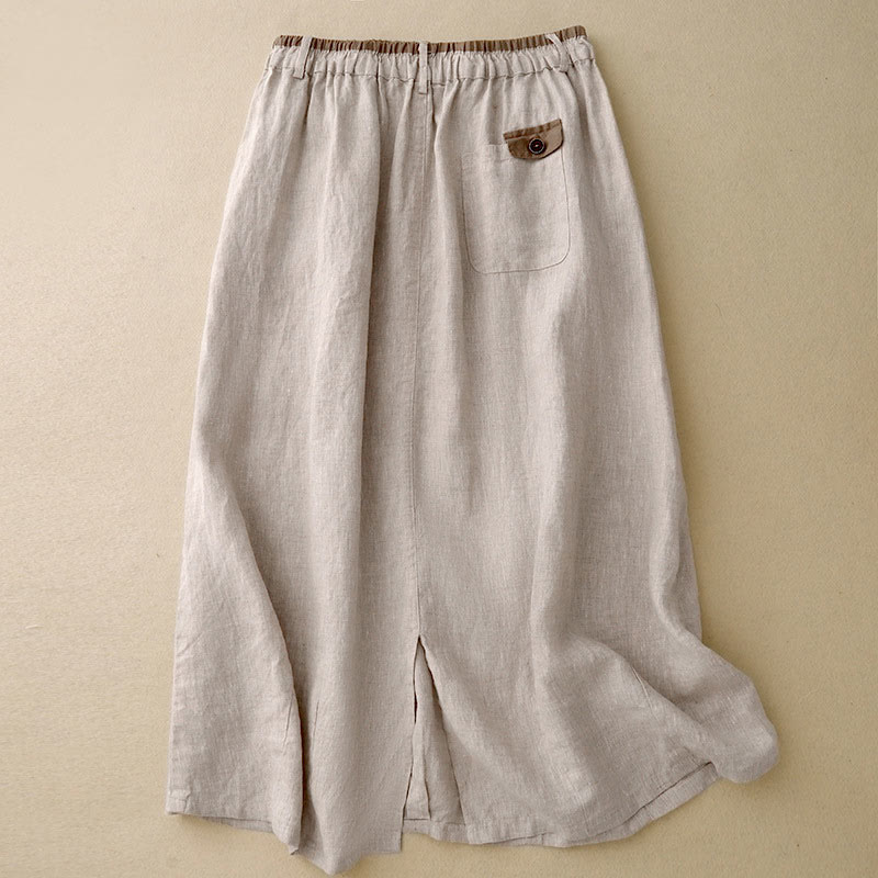 Buddha Stones Vintage Casual Plain Side Slit Elastic Waist Cotton Linen Women's Skirt With Pockets - image 1