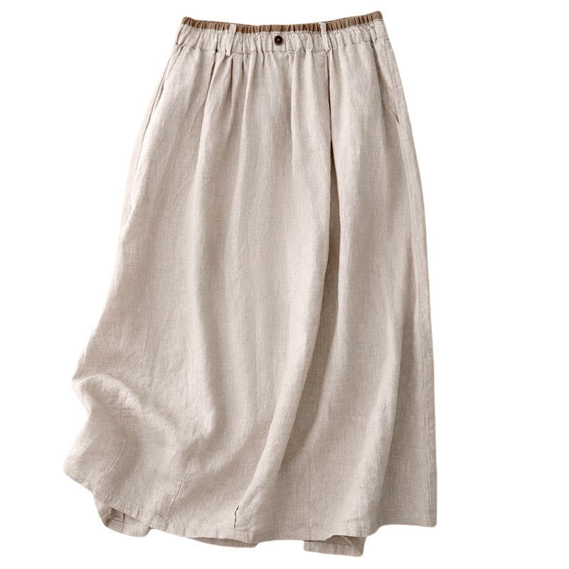 Buddha Stones Vintage Casual Plain Side Slit Elastic Waist Cotton Linen Women's Skirt With Pockets - image 8