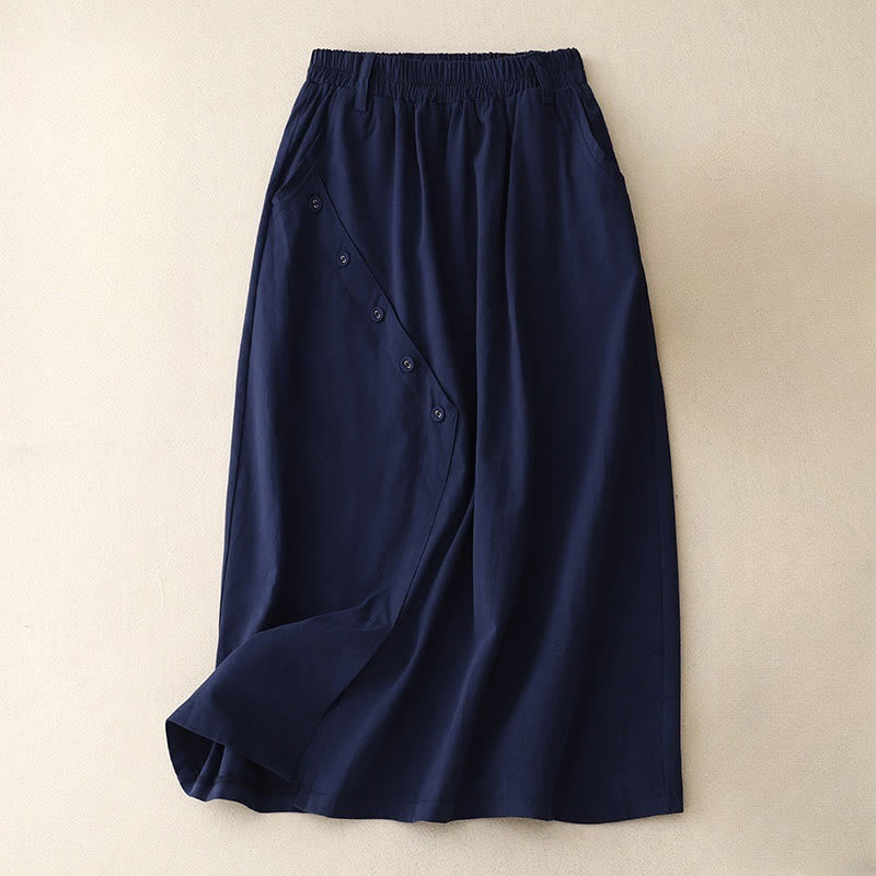 Buddha Stones Casual Plain Asymmetrical Button Design Cotton Women's Skirt With Pockets - MidnightBlue - US8-10，UK/AU12-14，EU40-42 (2XL) - image 3