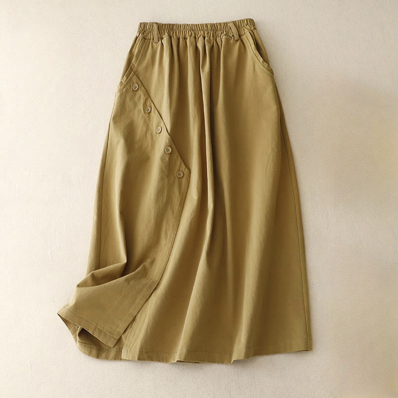 Buddha Stones Casual Plain Asymmetrical Button Design Cotton Women's Skirt With Pockets - Khaki - US8-10，UK/AU12-14，EU40-42 (2XL) - image 0