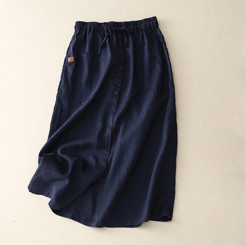 Buddha Stones Spring Lace-Up Button Slit Design Women's Cotton Linen Skirt With Pockets - MidnightBlue - US8-10，UK/AU12-14，EU40-42 (2XL) - image 4