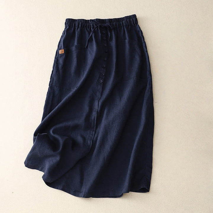 Buddha Stones Spring Lace-Up Button Slit Design Women's Cotton Linen Skirt With Pockets - MidnightBlue - US8-10，UK/AU12-14，EU40-42 (2XL) - image 4