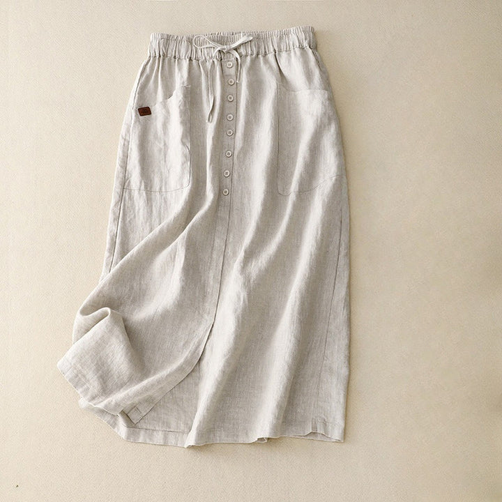 Buddha Stones Spring Lace-Up Button Slit Design Women's Cotton Linen Skirt With Pockets - Beige - US8-10，UK/AU12-14，EU40-42 (2XL) - image 0