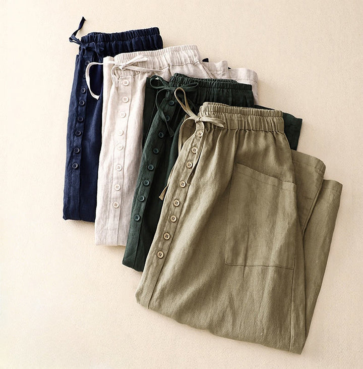 Buddha Stones Spring Lace-Up Button Slit Design Women's Cotton Linen Skirt With Pockets - image 9