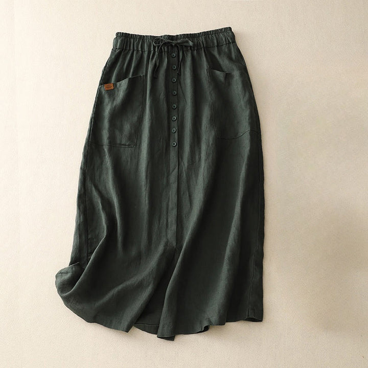 Buddha Stones Spring Lace-Up Button Slit Design Women's Cotton Linen Skirt With Pockets - DarkGreen - US8-10，UK/AU12-14，EU40-42 (2XL) - image 7