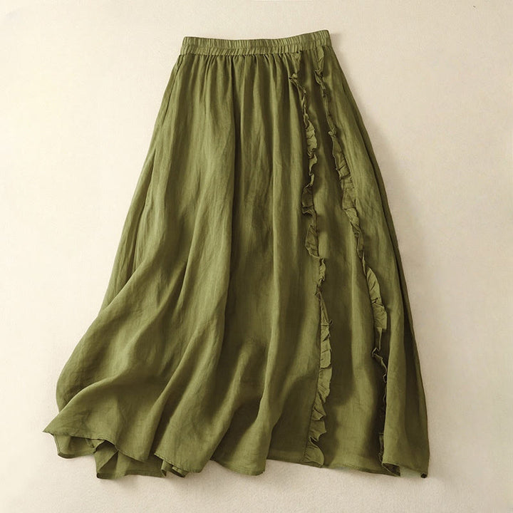Buddha Stones Summer Plain Ruffle Design Women's Cotton Skirt - OliveDrab - US8-10，UK/AU12-14，EU40-42 (2XL) - image 0