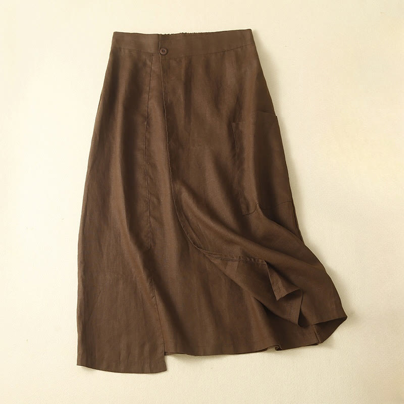 Buddha Stones Vintage Summer Asymmetrical High Waist Women's Cotton Linen Skirt With Pockets - SaddleBrown - US8-10，UK/AU12-14，EU40-42 (2XL) - image 0