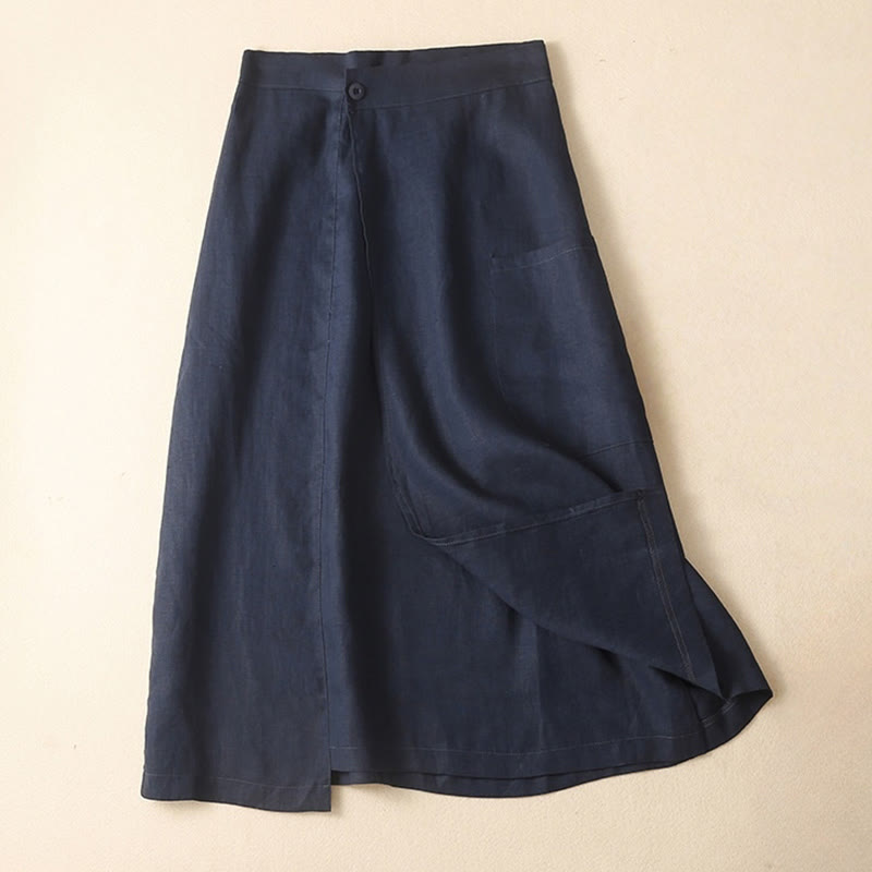 Buddha Stones Vintage Summer Asymmetrical High Waist Women's Cotton Linen Skirt With Pockets - MidnightBlue - US8-10，UK/AU12-14，EU40-42 (2XL) - image 3