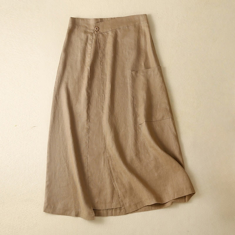 Buddha Stones Vintage Summer Asymmetrical High Waist Women's Cotton Linen Skirt With Pockets - DarkGoldenrod - US8-10，UK/AU12-14，EU40-42 (2XL) - image 9