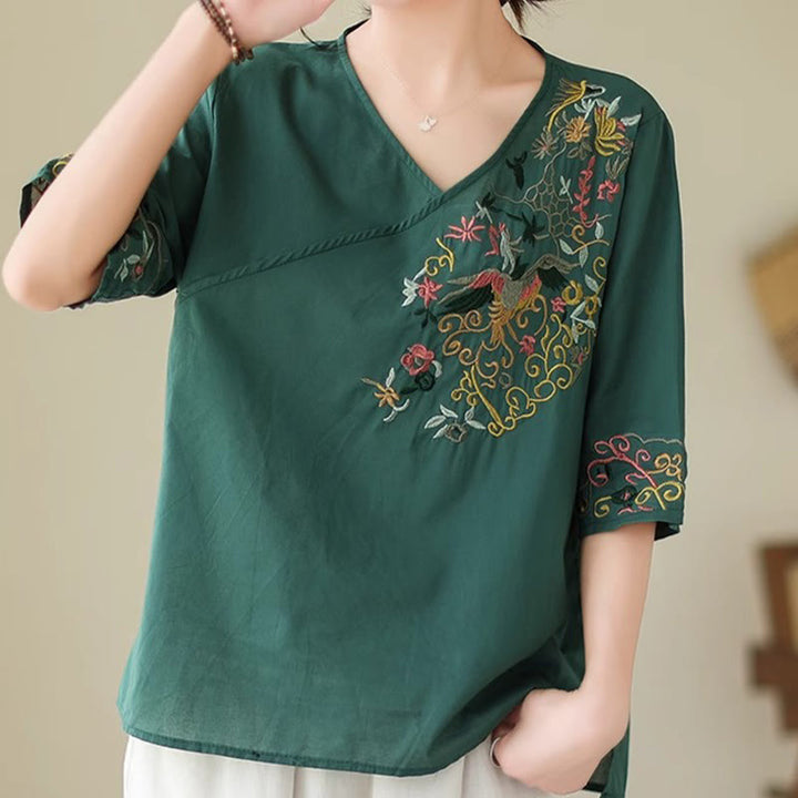 Buddha Stones Casual Colorful embroidery plants bird pattern Women's V-Neck Design Half Sleeve Cotton T-Shirt - image 2