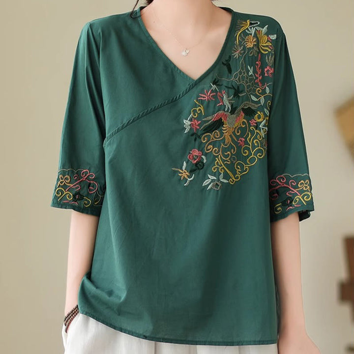 Buddha Stones Casual Colorful embroidery plants bird pattern Women's V-Neck Design Half Sleeve Cotton T-Shirt - image 1