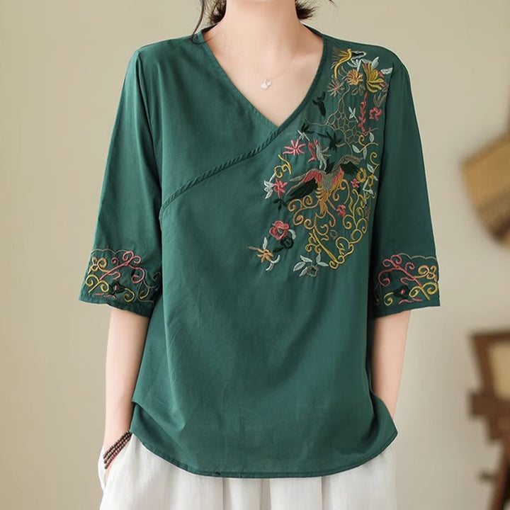 Buddha Stones Casual Colorful embroidery plants bird pattern Women's V-Neck Design Half Sleeve Cotton T-Shirt - image 4
