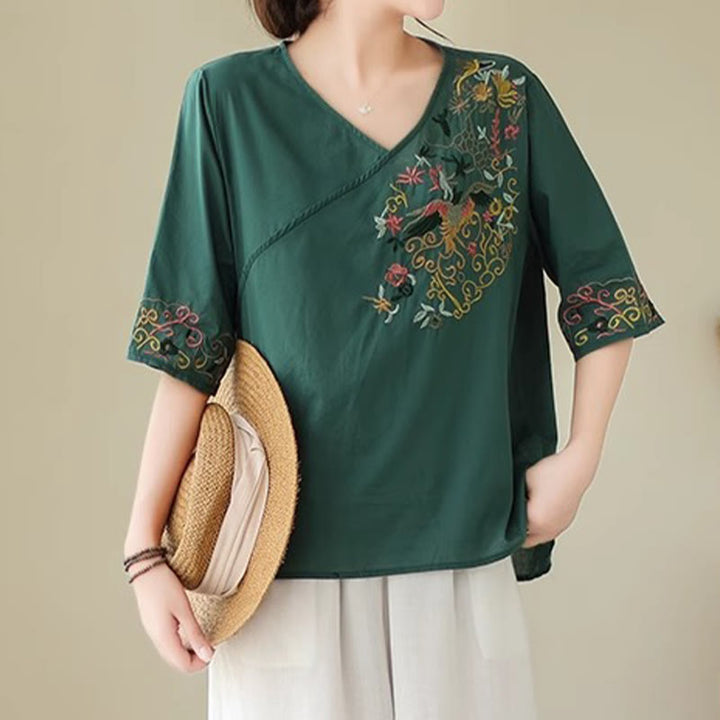 Buddha Stones Casual Colorful embroidery plants bird pattern Women's V-Neck Design Half Sleeve Cotton T-Shirt - image 3