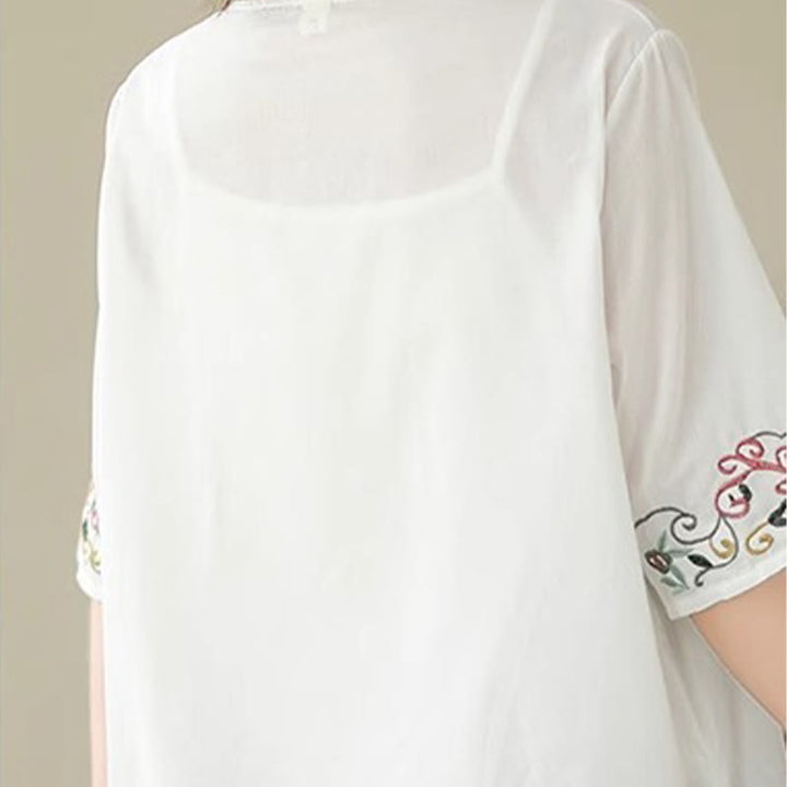 Buddha Stones Casual Colorful embroidery plants bird pattern Women's V-Neck Design Half Sleeve Cotton T-Shirt - image 8