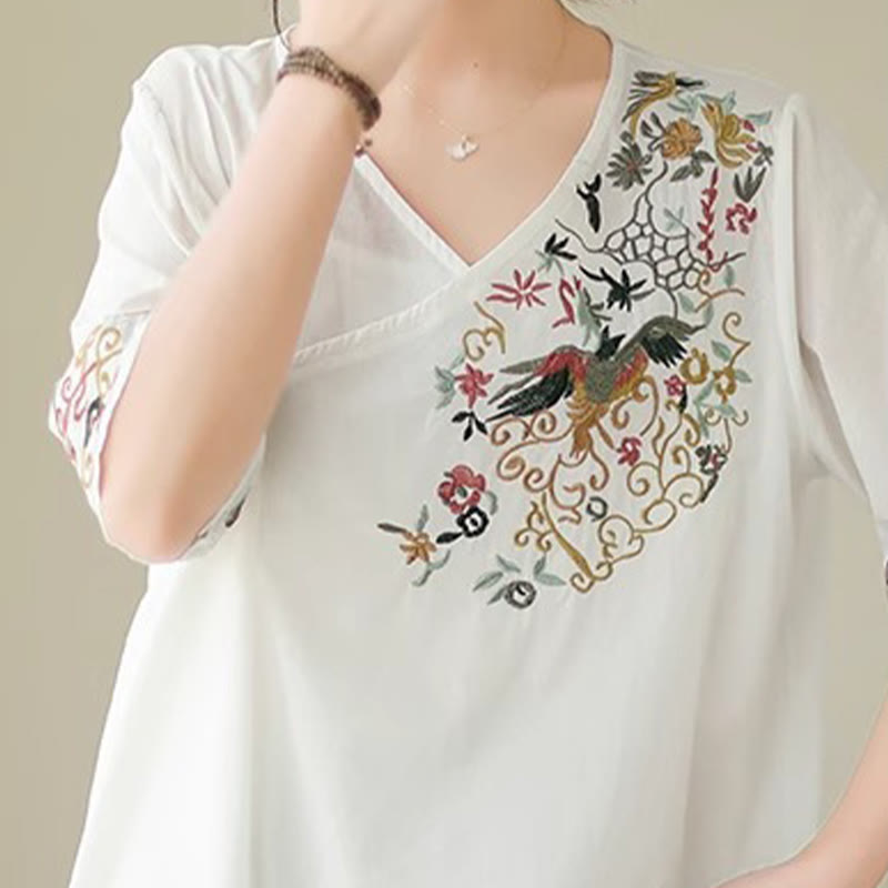 Buddha Stones Casual Colorful embroidery plants bird pattern Women's V-Neck Design Half Sleeve Cotton T-Shirt - image 7
