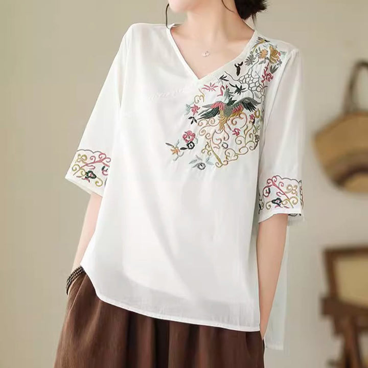 Buddha Stones Casual Colorful embroidery plants bird pattern Women's V-Neck Design Half Sleeve Cotton T-Shirt - image 6