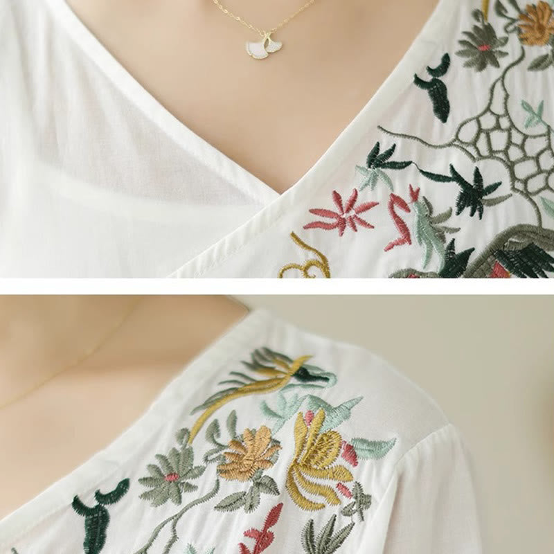 Buddha Stones Casual Colorful embroidery plants bird pattern Women's V-Neck Design Half Sleeve Cotton T-Shirt - image 10