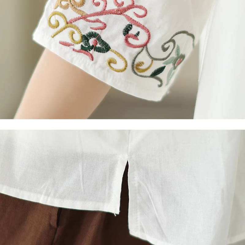 Buddha Stones Casual Colorful embroidery plants bird pattern Women's V-Neck Design Half Sleeve Cotton T-Shirt - image 9