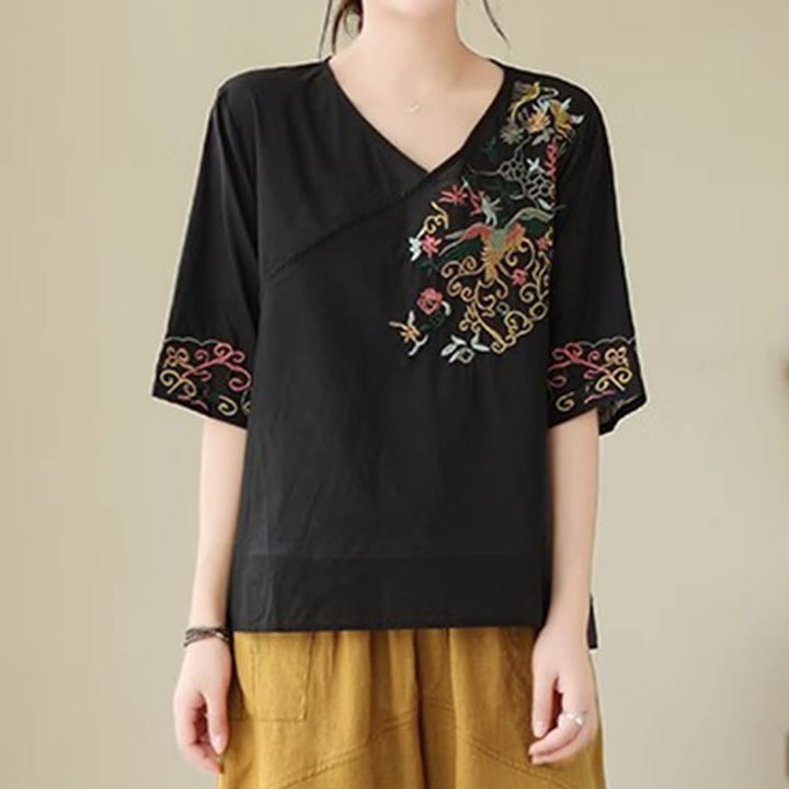 Buddha Stones Casual Colorful embroidery plants bird pattern Women's V-Neck Design Half Sleeve Cotton T-Shirt - Black - US12，UK/AU16，EU44 (3XL) - image 11