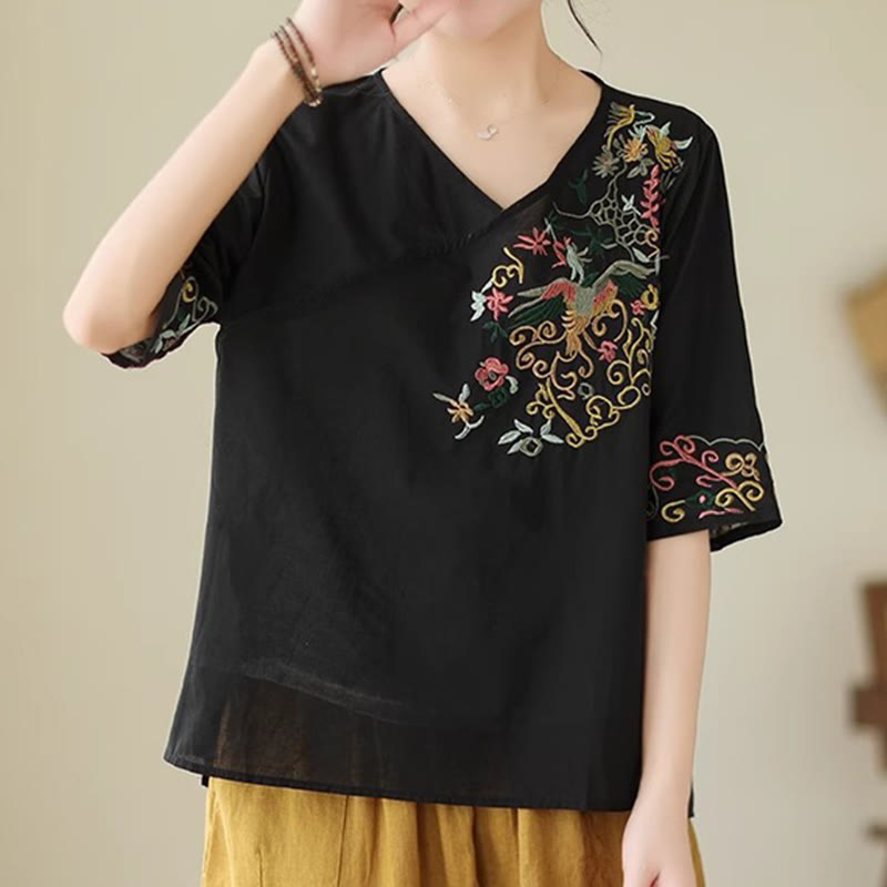 Buddha Stones Casual Colorful embroidery plants bird pattern Women's V-Neck Design Half Sleeve Cotton T-Shirt - image 12