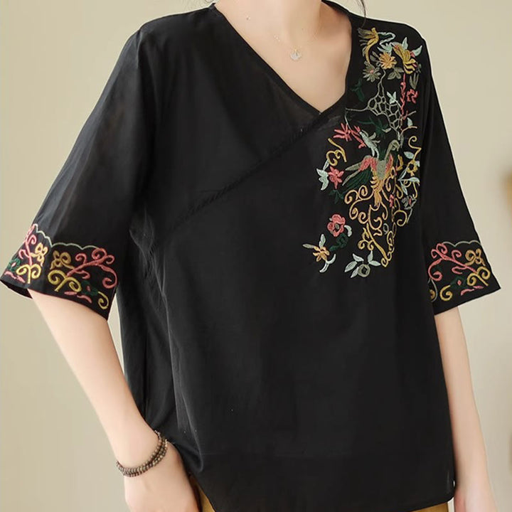 Buddha Stones Casual Colorful embroidery plants bird pattern Women's V-Neck Design Half Sleeve Cotton T-Shirt - image 15