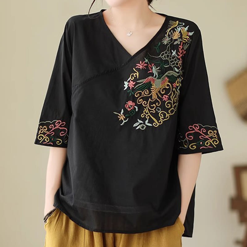 Buddha Stones Casual Colorful embroidery plants bird pattern Women's V-Neck Design Half Sleeve Cotton T-Shirt - image 14